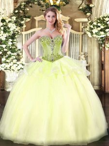 Delicate Light Yellow Lace Up Quince Ball Gowns Beading Sleeveless Floor Length