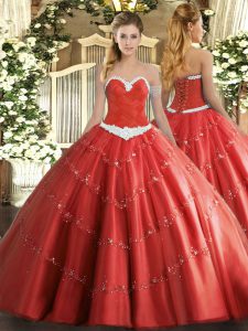 Floor Length Lace Up Quinceanera Gown Coral Red for Military Ball and Sweet 16 and Quinceanera with Appliques
