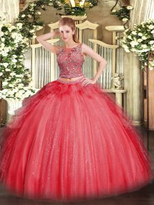 Deluxe Sleeveless Tulle Floor Length Lace Up 15 Quinceanera Dress in Coral Red with Beading and Ruffles