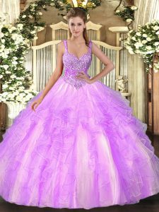 Floor Length Lilac Quinceanera Gowns Straps Sleeveless Lace Up