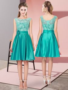 Modern Turquoise Zipper Bateau Lace and Hand Made Flower Prom Dress Satin Sleeveless