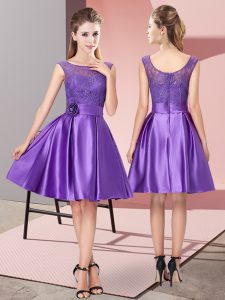 Colorful Purple Zipper Bateau Lace and Hand Made Flower Dress for Prom Satin Sleeveless
