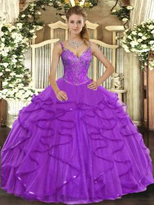 Beautiful Eggplant Purple Ball Gowns V-neck Sleeveless Tulle Floor Length Lace Up Beading and Ruffles Sweet 16 Dress