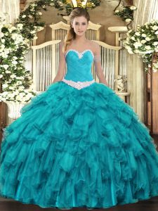 Teal Organza Lace Up Sweetheart Sleeveless Floor Length Sweet 16 Dress Appliques and Ruffles