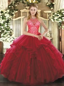 Wine Red Quinceanera Gown Military Ball and Sweet 16 and Quinceanera with Ruffles High-neck Sleeveless Lace Up