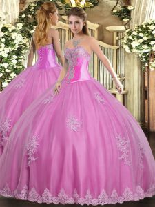 Sweetheart Sleeveless Tulle Ball Gown Prom Dress Beading and Appliques Lace Up