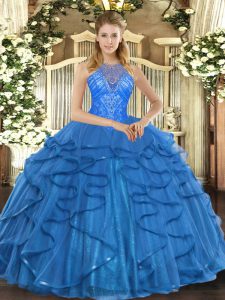 Floor Length Lace Up Vestidos de Quinceanera Teal for Military Ball and Sweet 16 and Quinceanera with Beading and Ruffle
