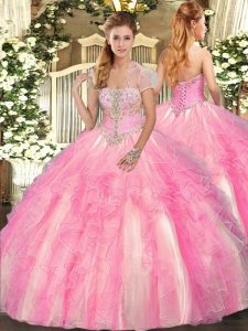 Chic Strapless Sleeveless Tulle 15 Quinceanera Dress Appliques and Ruffles Lace Up