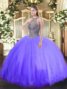 Best Lavender Halter Top Lace Up Beading 15 Quinceanera Dress Sleeveless