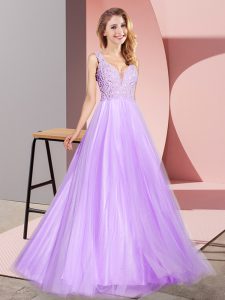 Lavender Tulle Zipper V-neck Sleeveless Floor Length Dress for Prom Lace