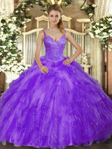 Stylish Lavender Sleeveless Floor Length Beading and Ruffles Lace Up Quinceanera Gowns