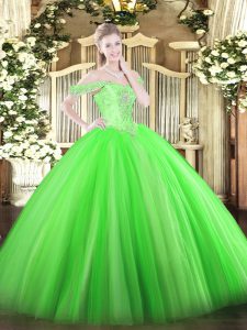 Nice Green Lace Up Off The Shoulder Beading Quince Ball Gowns Tulle Sleeveless