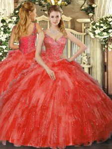Cheap V-neck Sleeveless 15 Quinceanera Dress Floor Length Beading and Ruffles Red Tulle