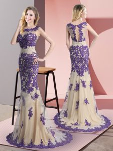 Champagne Prom Dress Prom and Party with Beading and Appliques Scoop Sleeveless Sweep Train Side Zipper