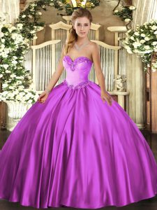 Beautiful Fuchsia Satin Lace Up Sweetheart Sleeveless Floor Length Quinceanera Gown Beading