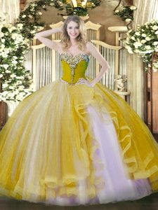 Elegant Sleeveless Floor Length Beading and Ruffles Lace Up Quinceanera Gown with Gold