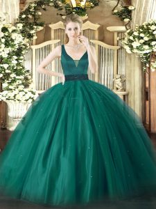 Teal Tulle Zipper Quinceanera Gown Sleeveless Floor Length Beading