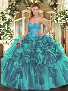 Floor Length Lace Up Quince Ball Gowns Teal for Military Ball and Sweet 16 and Quinceanera with Beading and Ruffles