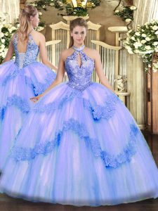 Blue Lace Up Halter Top Appliques and Sequins Quinceanera Dresses Tulle Sleeveless