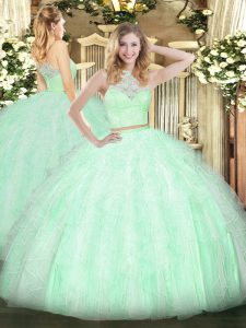 Delicate Apple Green Tulle Zipper Scoop Sleeveless Floor Length Sweet 16 Quinceanera Dress Lace and Ruffles