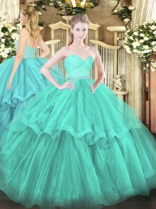 Fantastic Aqua Blue Sleeveless Beading and Lace and Ruffled Layers Zipper Ball Gown Prom Dress