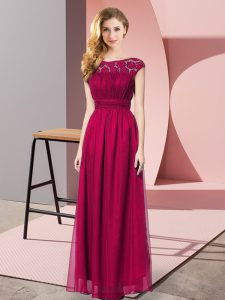 Dazzling Fuchsia Empire Lace Dress for Prom Zipper Chiffon Sleeveless Floor Length