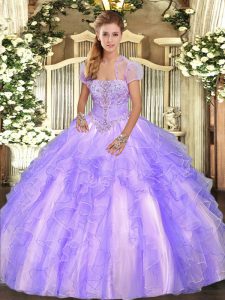 Stunning Lavender Lace Up Strapless Appliques and Ruffles Sweet 16 Quinceanera Dress Tulle Sleeveless