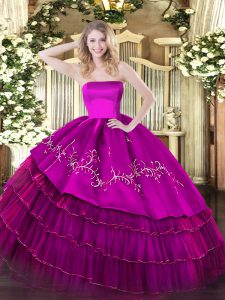 Embroidery and Ruffled Layers Quince Ball Gowns Fuchsia Zipper Sleeveless Floor Length