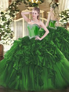 Customized Sleeveless Organza Floor Length Lace Up Sweet 16 Dresses in Dark Green with Beading and Ruffles