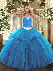 Luxury Sleeveless Organza Floor Length Lace Up Sweet 16 Quinceanera Dress in Baby Blue with Appliques and Ruffles