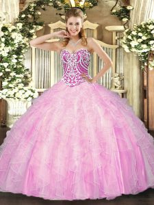 Rose Pink Tulle Lace Up Sweetheart Sleeveless Floor Length Ball Gown Prom Dress Beading and Ruffles