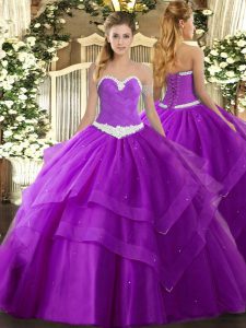 Tulle Sweetheart Sleeveless Lace Up Appliques and Ruffled Layers 15 Quinceanera Dress in Purple