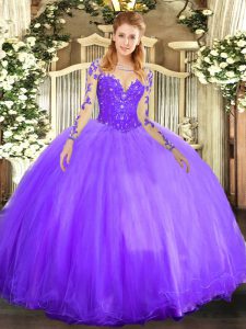 Lavender Ball Gowns Scoop Long Sleeves Tulle Floor Length Lace Up Lace Quinceanera Dresses