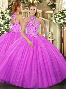 Spectacular Halter Top Sleeveless Tulle Quinceanera Gowns Beading and Embroidery Lace Up