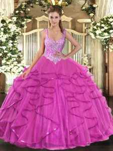 Beautiful Tulle Sleeveless Floor Length Ball Gown Prom Dress and Beading and Ruffles
