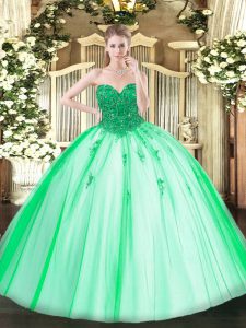 Cheap Sleeveless Tulle Floor Length Lace Up Sweet 16 Dresses in Turquoise with Beading