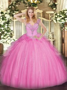 Adorable Rose Pink Ball Gowns V-neck Sleeveless Tulle Floor Length Lace Up Beading 15th Birthday Dress