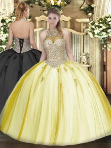 Cute Floor Length Ball Gowns Sleeveless Yellow Sweet 16 Dress Lace Up