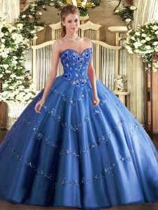 Superior Blue Ball Gowns Tulle Sweetheart Sleeveless Appliques and Embroidery Floor Length Lace Up Quinceanera Dresses
