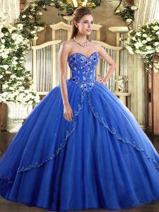 Blue Lace Up Quinceanera Gowns Appliques and Embroidery Sleeveless Brush Train