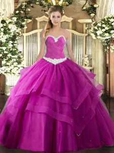 Dynamic Sweetheart Sleeveless Quinceanera Gowns Floor Length Appliques and Ruffled Layers Fuchsia Tulle