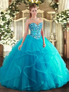 Lovely Floor Length Ball Gowns Sleeveless Aqua Blue 15 Quinceanera Dress Lace Up