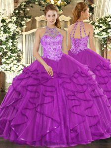 Nice Purple Lace Up Sweet 16 Dresses Beading and Ruffles Sleeveless Floor Length