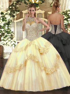 Stylish Gold Ball Gowns Halter Top Sleeveless Tulle Floor Length Lace Up Beading and Appliques Quinceanera Dresses