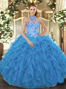 Baby Blue Sleeveless Floor Length Beading and Embroidery and Ruffles Lace Up Quinceanera Dresses