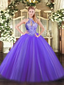 Fantastic Purple Lace Up Halter Top Sequins Quinceanera Dress Tulle Sleeveless