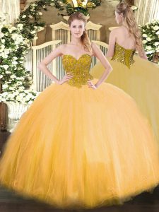 Elegant Gold Quinceanera Gowns Military Ball and Sweet 16 and Quinceanera with Beading Sweetheart Sleeveless Lace Up