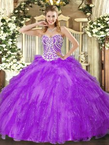 Inexpensive Floor Length Lace Up Sweet 16 Dresses Lavender for Military Ball and Sweet 16 and Quinceanera with Beading a