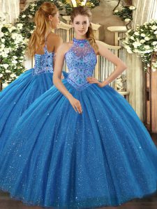 Blue Halter Top Lace Up Beading and Embroidery Quince Ball Gowns Sleeveless