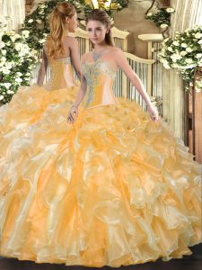 Admirable Floor Length Gold Sweet 16 Dress Organza Sleeveless Beading and Ruffles